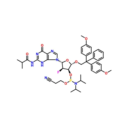 CAS 144089-97-4|5'-O-[Bis(4-metoxifenyl)fenylmetyl]-2'-deoxi-2'-fluor-N-(2-metyl-1-oxopropyl) guanosin 3'-[2-cyanoetyl N,N-bis(1-metyletyl)fosforamidit]